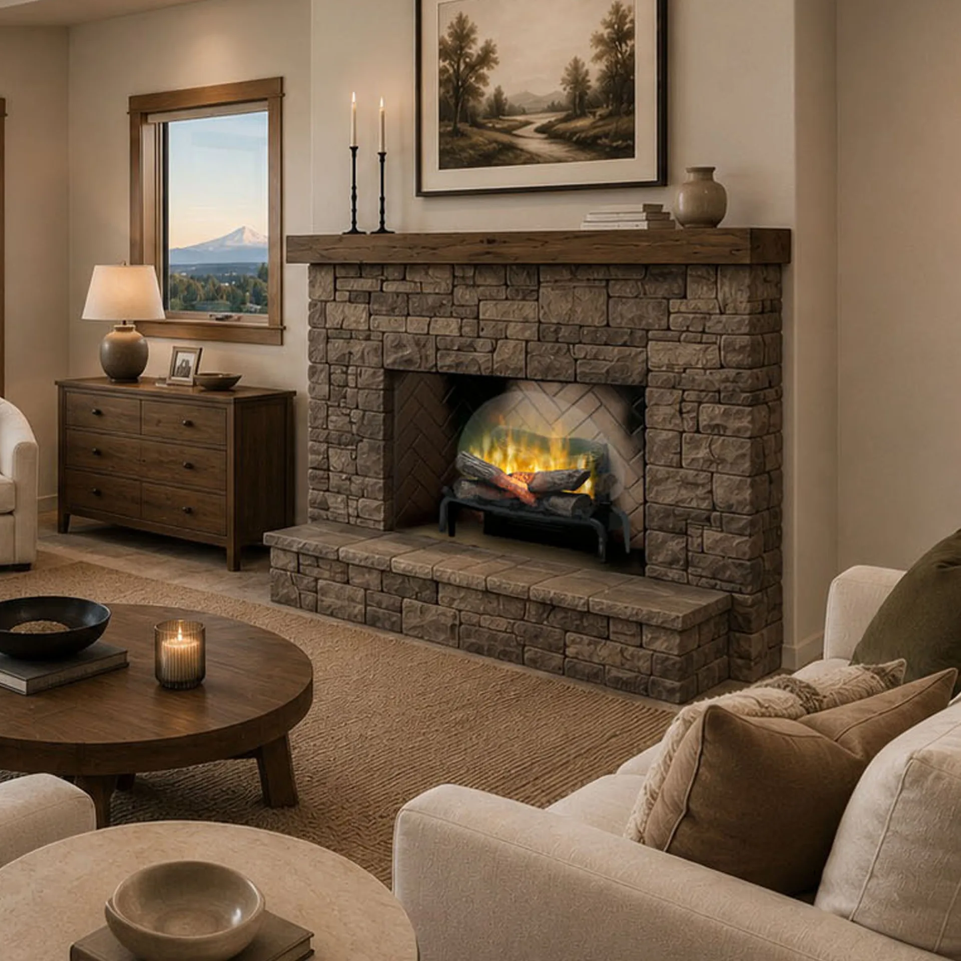 A Dimplex Revillusion electric log set lit in a stone fireplace, with a mountain view through the window