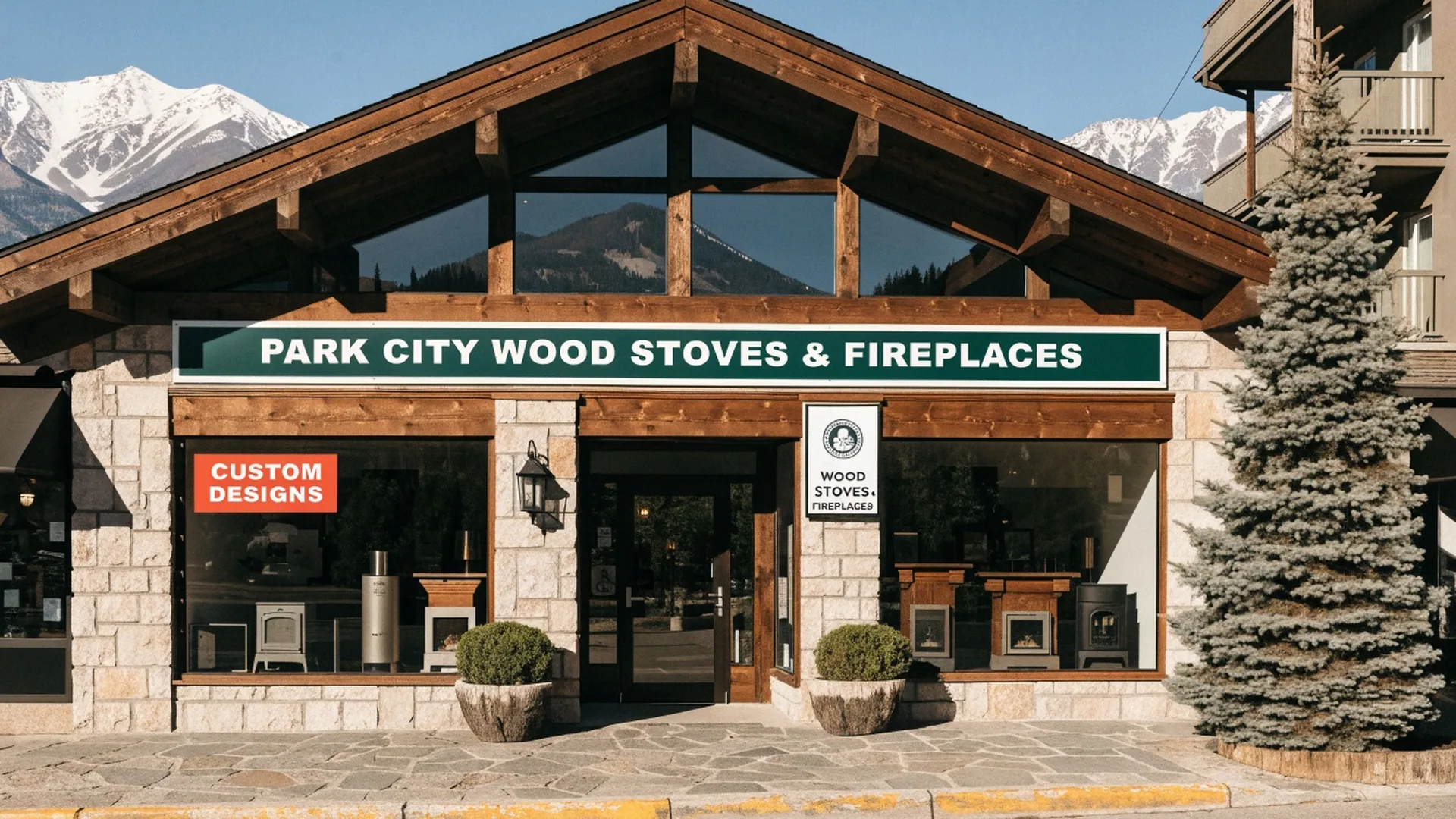 A mountain-town fireplace showroom with wood stoves in the window and snow-capped peaks behind