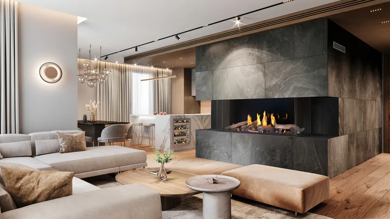 A three-sided linear gas fireplace in a dark tiled surround